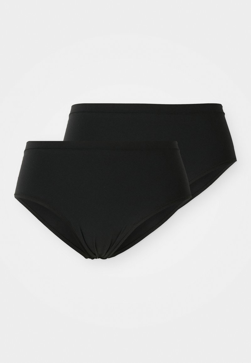 Two black bikini bottoms made of smooth fabric. One has a high waist with a gathered detail at the front, and the other is lower-cut.