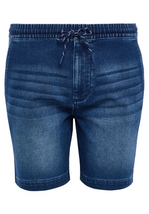 Denimshorts med en mørk vask, elastisk talje med snor og teksturerede detaljer foran. Klassisk fem-lomme design.