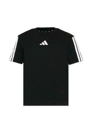 Zwart T-shirt met korte mouwen met wit Adidas-logo op de borst en drie witte strepen die langs elke mouw lopen.