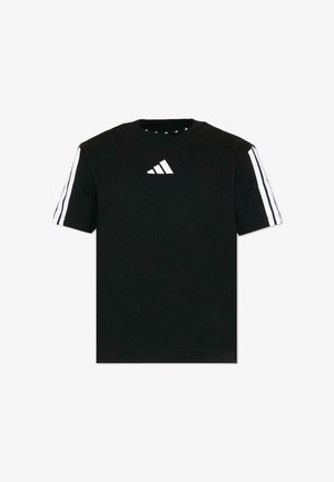 T-shirt nera a maniche corte con logo Adidas bianco sul petto e tre strisce bianche che corrono lungo ogni manica.
