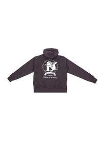 Dunkelgrauer Kapuzenpullover mit einer Kängurutasche, gerippten Bündchen und Saum; auf der Rückseite befindet sich ein großes weißes Grafikdruck mit Text und einem geflügelten Design.