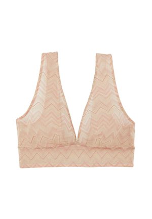 Bralette rosa chiaro con un motivo a zig zag. Realizzato in tessuto morbido, presenta spalline larghe e un design con scollatura a V profonda. Senza coppe o imbottitura.