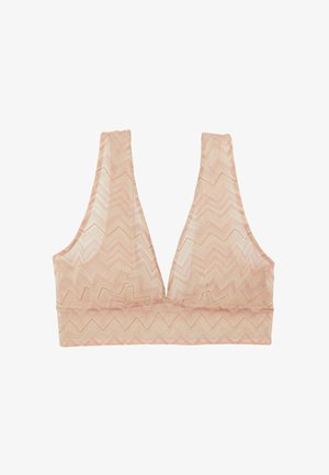 Bralette rosa chiaro con un motivo a zig zag. Realizzato in tessuto morbido, presenta spalline larghe e un design con scollatura a V profonda. Senza coppe o imbottitura.
