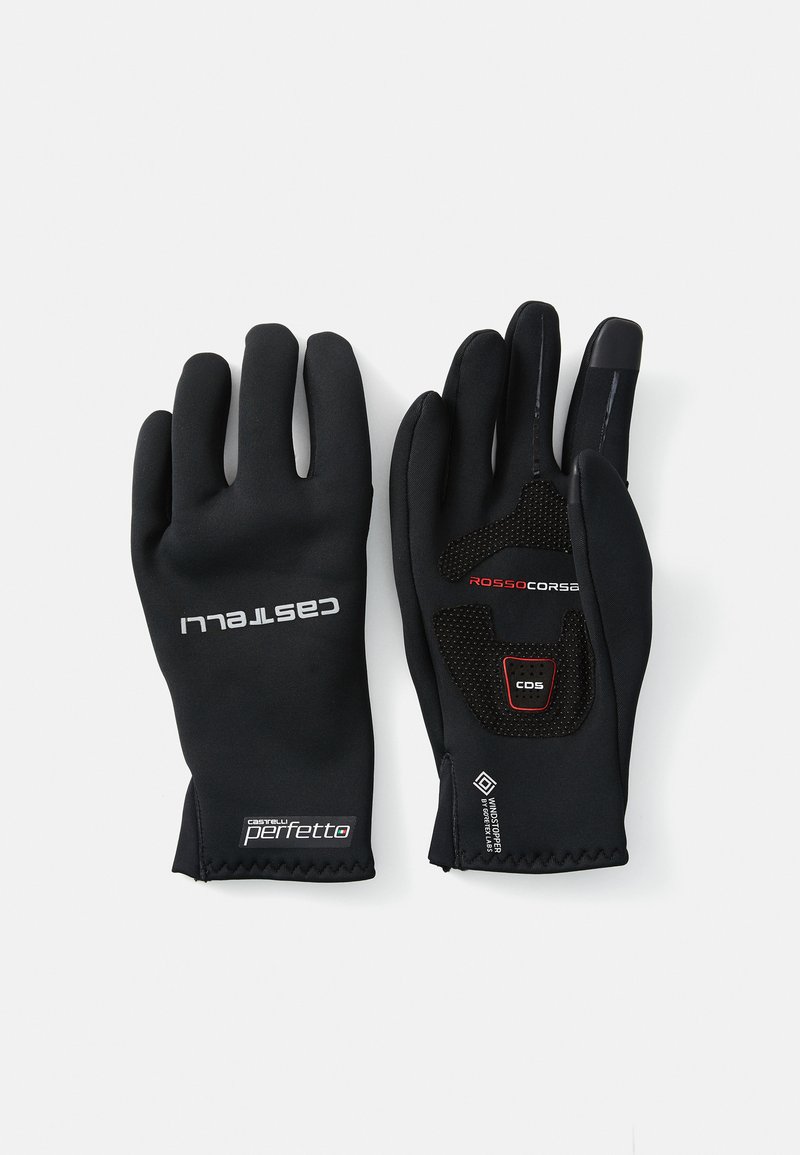 Schwarze Fahrradhandschuhe mit nahtlosem Design, strukturiertem Griff auf den Handflächen und verstärkten Fingerspitzen. Hergestellt aus elastischem, wasserdichtem Material.