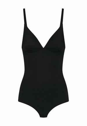 Body nero con scollatura a V, spalline sottili e regolabili, e un tessuto liscio e non testurizzato con una silhouette aderente.