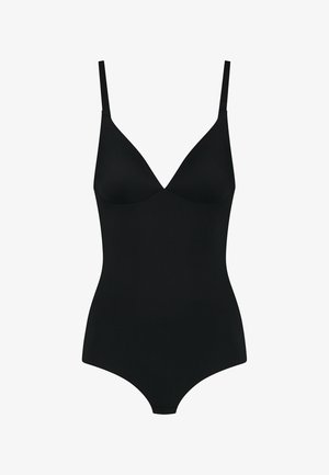 Bodysuit negro con escote en forma de V, tirantes delgados ajustables y una tela lisa y no texturizada con una silueta ajustada.