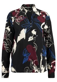 Czarna bluzka w kwiatowy wzór w kolorze burgunda, bieli i niebieskiego. Posiada kołnierzyk i długie rękawy o gładkiej strukturze.