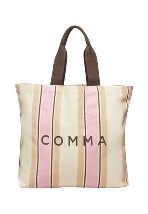 Paski beżowej, różowej i brązowej torby na ramię z ciemnobrązowymi uchwytami i napisem „COMMA” na przodzie.