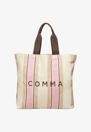 Paski beżowej, różowej i brązowej torby na ramię z ciemnobrązowymi uchwytami i napisem „COMMA” na przodzie.