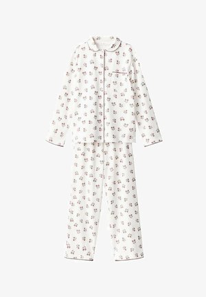 White pajama set with long sleeves and pants, featuring a floral pattern in red and green. Includes a collar and a chest pocket detail.