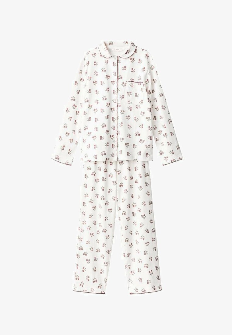 White pajama set with long sleeves and pants, featuring a floral pattern in red and green. Includes a collar and a chest pocket detail.