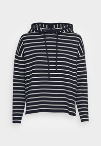 Mörkblå och vit randig hoodie med dragsko, lös passform, långa ärmar och rak fåll. Mjuk textur, avslappnad stil.