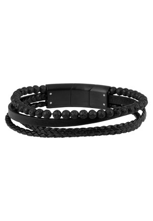 Schwarzes Lederarmband mit geflochtenen und mit Perlen versehenen Elementen, mit glatten und strukturierten Oberflächen sowie einem metallischen Verschlussdetail.