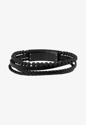 Bracciale in vera pelle nera con elementi intrecciati e decorati con perline, superfici lisce e testurizzate, e un dettaglio di chiusura metallica.
