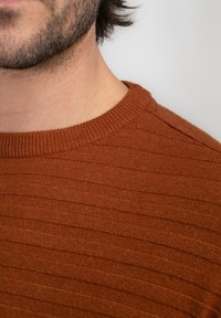 Pulover de culoare ruginită, cu un design texturat și cu nervuri. Prezintă un guler rotund și un material tricotat moale.