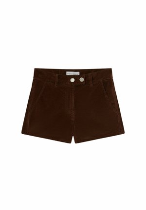 Shorts en velours côtelé marron avec taille haute, deux poches avant et deux boutons métalliques à l'avant. Texture lisse avec des lignes verticales.