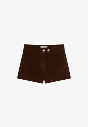 Shorts en velours côtelé marron avec taille haute, deux poches avant et deux boutons métalliques à l'avant. Texture lisse avec des lignes verticales.