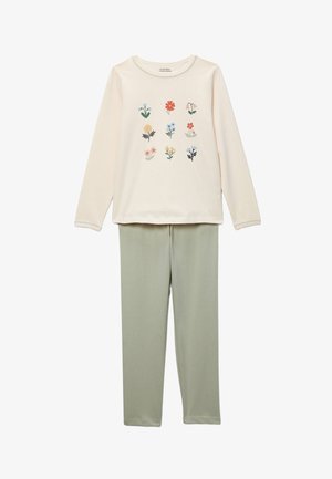 Ensemble de pyjama pour enfants avec haut crème à manches longues orné de motifs floraux colorés et pantalon uni vert sauge clair, présenté à plat.