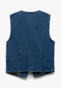 Gilet en denim, bleu foncé, design sans manches, ourlet brut, couture au centre du dos, texture subtile, sans fermetures ni embellissements visibles.