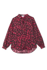 Hedvábná košile s dlouhým rukávem a knoflíkovým zapínáním, vyrobená z průhledné látky, s potiskem červených třešní na tmavém pozadí. Mezi význačné detaily patří klasický límeček a zaoblený lem.