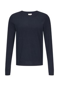 Maglione a maniche lunghe blu navy, design con scollo rotondo, realizzato in morbido tessuto a maglia, con polsini e orlo a costine per una maggiore texture.