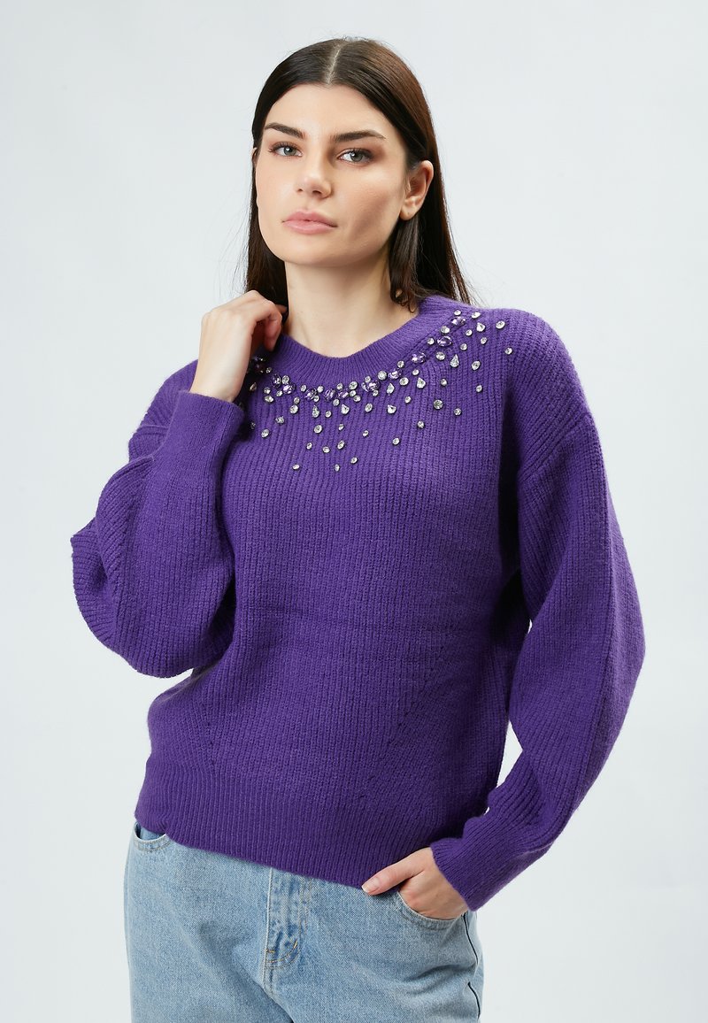 Lila gestrickter Pullover mit V-Ausschnitt, der ein dekoratives Perlenmuster entlang des Halsausschnitts aufweist. Lockere Passform und gerippte Bündchen.