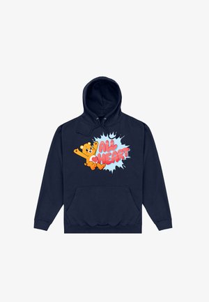 Felpa con cappuccio blu navy con tasca frontale, raffigurante un orso arancione con le braccia sollevate e la scritta "All Heart" in rosa su uno sfondo a raggi azzurro chiaro.