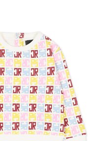 Biała koszula z długim rękawem z kolorowym wzorem pokrywającym całość, przedstawiającym czerwone, niebieskie, żółte i różowe splecione litery "JR". Żebrowany dekolt.