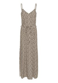 Maxi dress in beige fabric with a leopard print. Features thin straps and a drawstring waist for adjustable fit. Smooth texture.