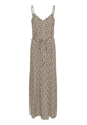 Maxikleid aus beigem Stoff mit Leopardenmuster. Mit dünnen Trägern und einem verstellbaren Kordelzug in der Taille für eine optimale Passform. Glatte Textur.