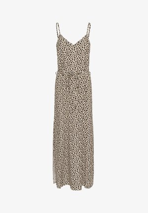 Ilgas suknelė bežinės spalvos audiniu su leopardų raštu. Yra ploni petnešos ir raišteliu reguliuojama liemuo. Lygi tekstūra.