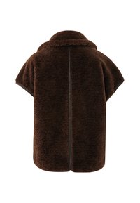 Hnědý pončo z umělé kožešiny s vysokým límcem, krátkými rukávy a rovný střih. Obsahuje zip podél středového švu. Měkký, strukturovaný materiál.