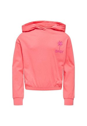 Sweat à capuche rose corail avec ourlet et poignets élastiques, avec un petit palmier violet et le texte « ONLY » sur le côté gauche de la poitrine.