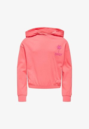 Sweat à capuche rose corail avec ourlet et poignets élastiques, avec un petit palmier violet et le texte « ONLY » sur le côté gauche de la poitrine.