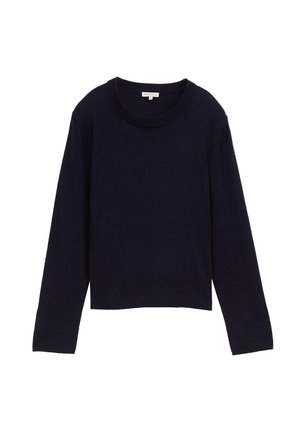 Pull en tricot côtelé bleu marine avec des manches longues et un col rond, arborant un design court et un tissu extensible et texturé.