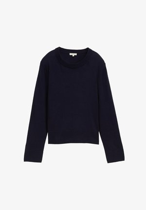 Navy zilā ribota džemperis ar garām piedurknēm un apaļu kakla izgriezumu, ar īsu dizainu un elastīgu, teksturētu audumu.