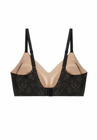 Svart spetsbralette med köttfärgad foder. Har justerbara remmar, ett hak-och-ögonstängning och blommönster på spetsen.