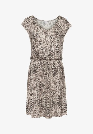 Short-sleeve dress in a lightweight fabric, featuring a v-neckline and a brown and beige foliage pattern, with an elastic waist tie.