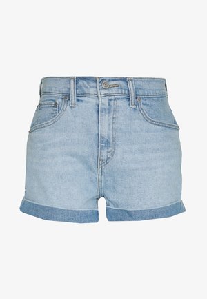 Lichtblauwe spijkerbroekshorts met opgerolde mouwen, voorzien van een klassiek vijfzakdesign, knoopsluiting en subtiele vervaging.