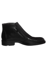 Bottes cheville en cuir noir avec une fermeture éclair latérale, une finition lisse, un bout arrondi et un talon bas empilé.