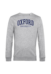 Grå sweatshirt i en bomullsblandning, med rund hals, långa ärmar och "OXFORD UNIVERSITY"-logotyp i blått på framsidan.