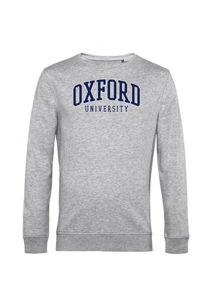 Sudadera gris de mezcla de algodón, con cuello redondo, mangas largas y el logo de "OXFORD UNIVERSITY" en azul en la parte frontal.