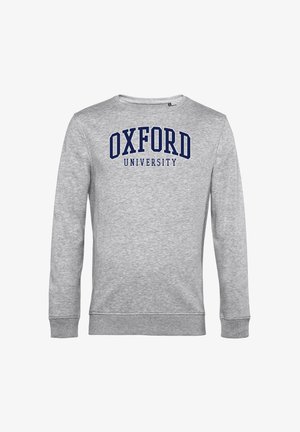 Grauer Pullover aus Baumwollmischung mit Rundhalsausschnitt, langen Ärmeln und dem Logo "OXFORD UNIVERSITY" in Blau auf der Vorderseite.