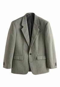 Blazer homme gris à fines rayures, un bouton, cols crantés, poches à rabats et doublure noire, présenté sur fond blanc.