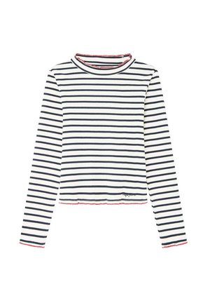 Hvid langærmet ribbet skjorte med sorte horisontale striber, røde kantdetaljer på krave, manchetter og kant, med lille sort broderi på frontkanten.