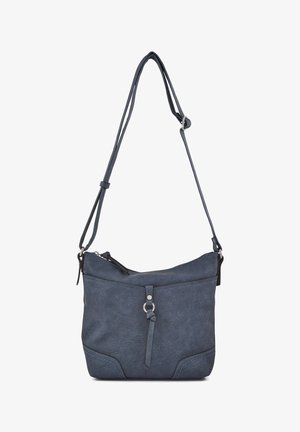 Borsa a tracolla sintetica di colore blu scuro con una finitura texture, tracolla regolabile e un'accenno frontale con un piccolo anello e dettaglio a nodo.