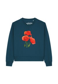 Donkergroene sweatshirt met lange mouwen, voorzien van een grafisch ontwerp van drie helderrode papaverbloemen met groene stelen op de voorkant.