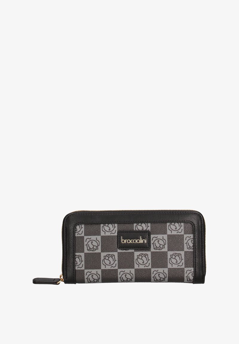 Portefeuille noir et gris avec un motif à damier et des motifs de roses, en cuir lisse, avec une plaque de logo dorée. Fermeture éclair.