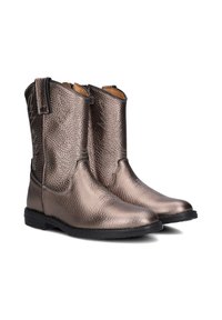 Metallic bronze ankle boots with a textured finish, square toe, and pull tabs on each side; black rubber sole for durability.