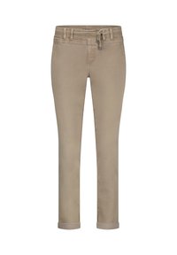 Beige slim-fit bukser med opkrøllede cuffs, bæltestropper, forlommer og snøre i taljen, vist mod en hvid baggrund.